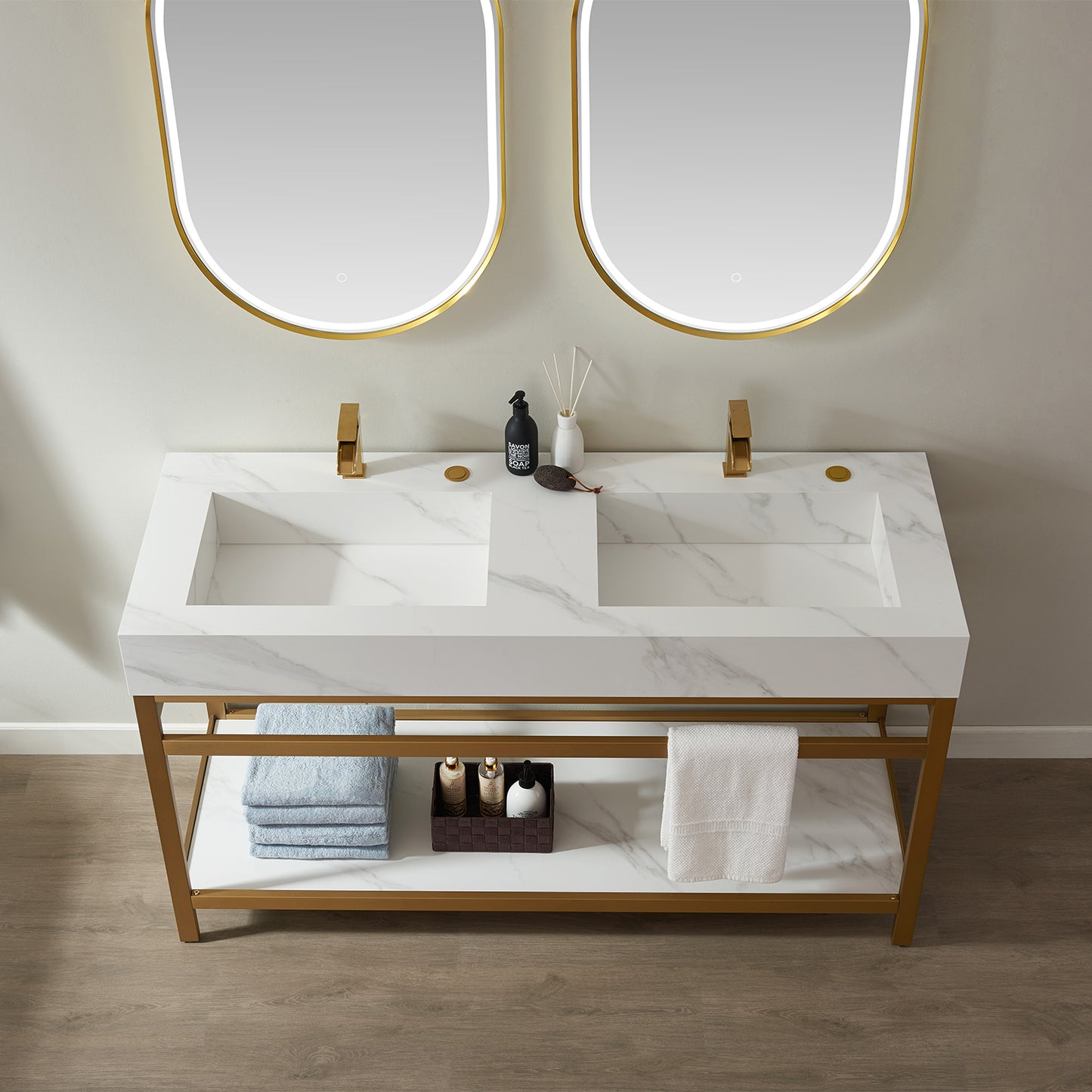 Bilbao 60" Double Vanity with Brushed-gold stainless steel bracket match with Snow mountain-white stone Countertop
