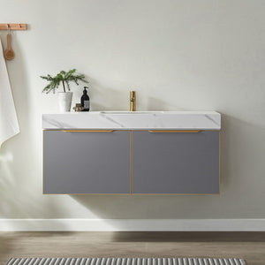 Open image in slideshow, Alicante 48&quot; Single Vanity in Grey with White Sintered Stone Countertop and Undermount Sink
