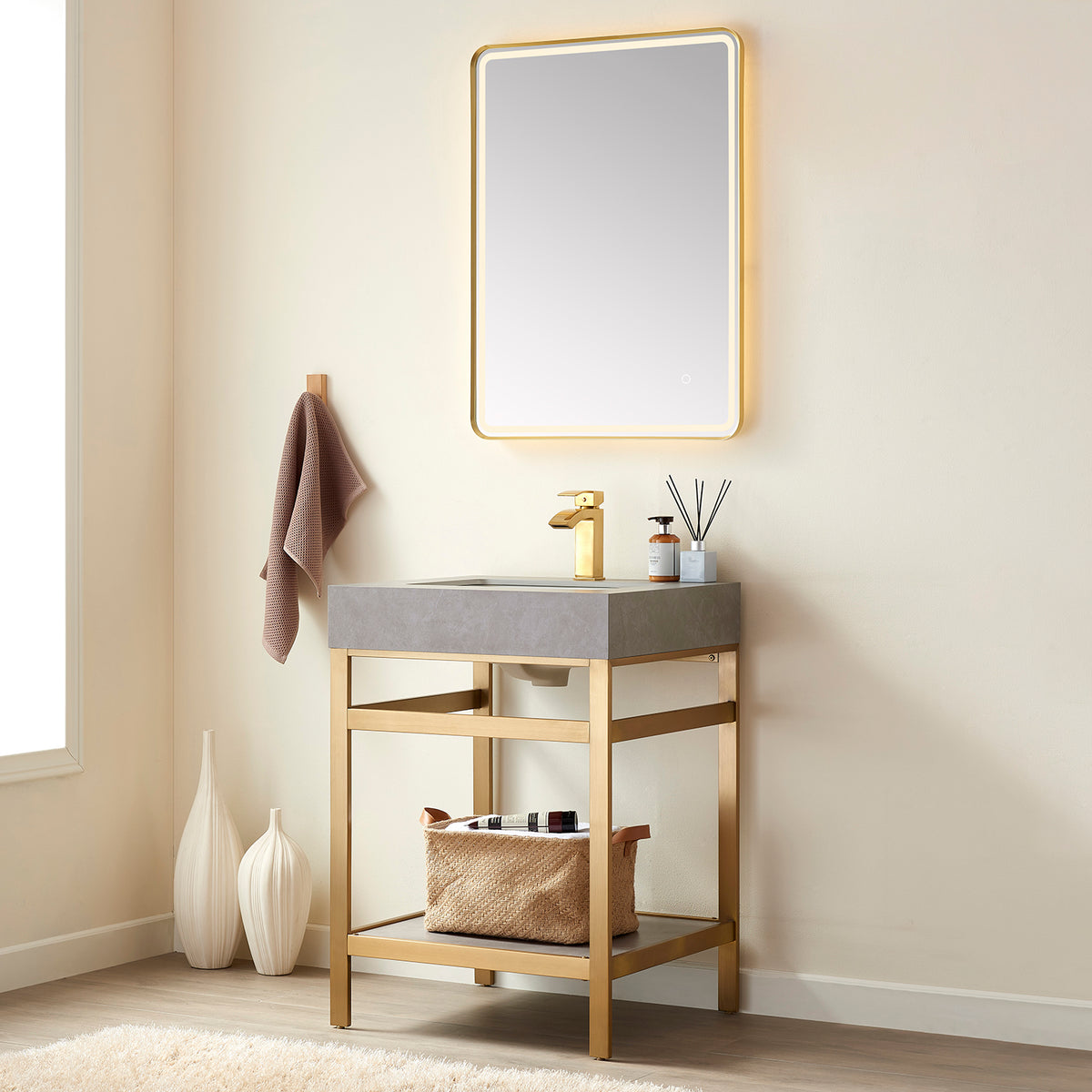 Funes 24" Single Sink Bath Vanity in Brushed Gold Metal Support with G