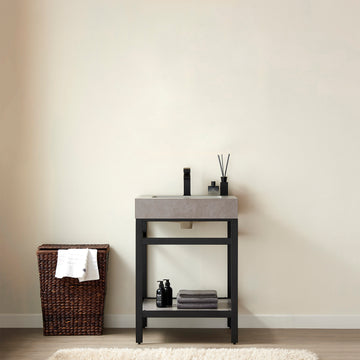 Open image in slideshow, Funes 24" Single Sink Bath Vanity in Matte Black Metal Support with Grey Sintered Stone Top