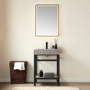 Open image in slideshow, Funes 24" Single Sink Bath Vanity in Matte Black Metal Support with Grey Sintered Stone Top