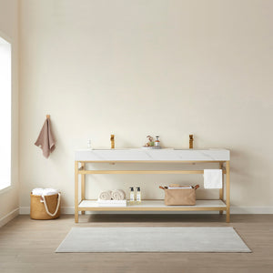 Open image in slideshow, Funes 72&quot; Double Sink Bath Vanity in Brushed Gold Metal Support with White Sintered Stone Top
