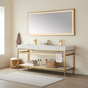 Funes 72" Double Sink Bath Vanity in Brushed Gold Metal Support with White Sintered Stone Top