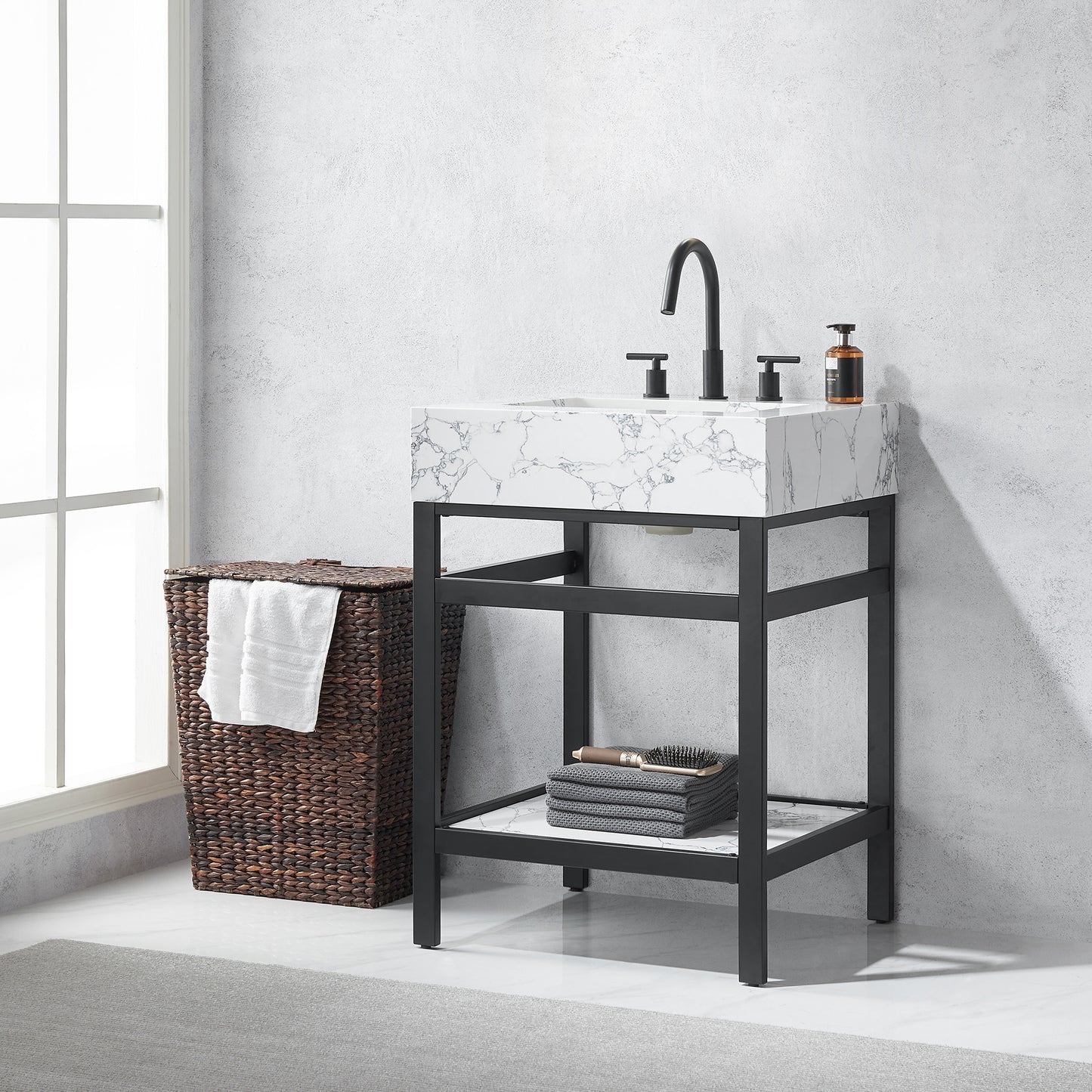 Ecija 24" Free-standing Single Bath Vanity in Matte Black Metal Support with Pandora White Composite Stone Top