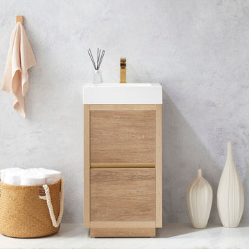 Open image in slideshow, Huesca 18" Single Sink Bath Vanity in North American Oak with White Composite Integral Square Sink Top