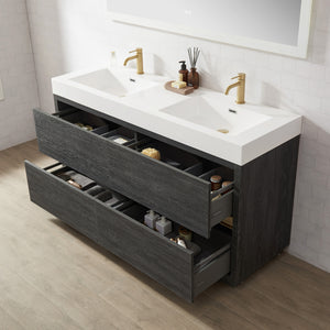 Huesca 60M" Double Sink Bath Vanity in North American Black Oak with White Composite Integral Square Sink Top
