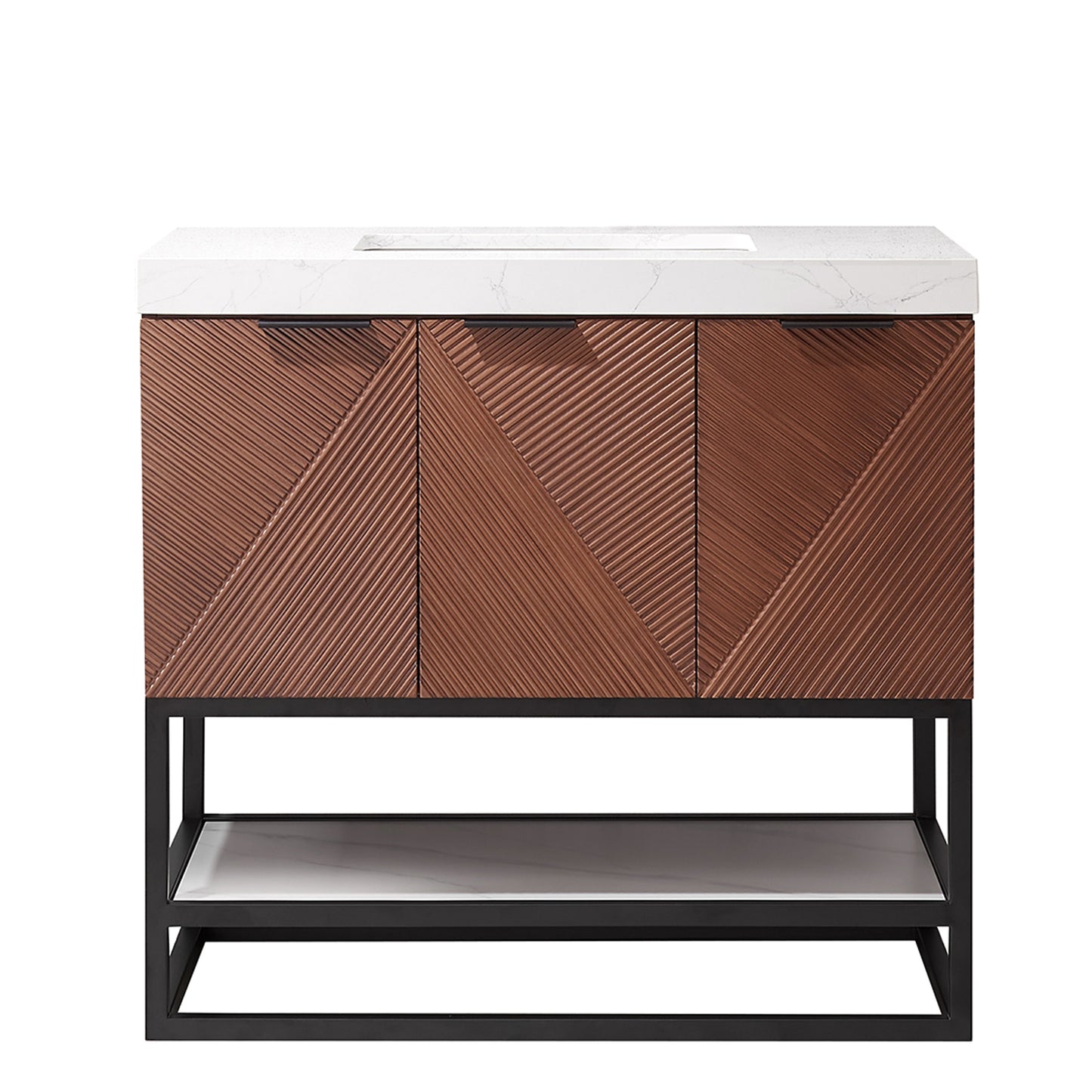 Mahon 36B" Free-standing Single Bath Vanity in North American Deep Walnut with White Grain Composite Stone Top