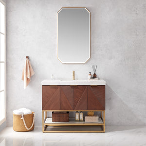 Open image in slideshow, Mahon 42G&quot; Free-standing Single Bath Vanity in North American Deep Walnut with White Grain Composite Stone Top
