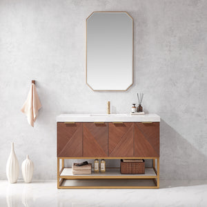 Open image in slideshow, Mahon 48G" Free-standing Single Bath Vanity in North American Deep Walnut with White Grain Composite Stone Top