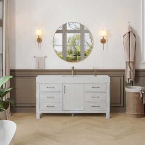 Open image in slideshow, León 60in. Free-standing Single Bathroom Vanity in Washed White with Composite top in Lightning White
