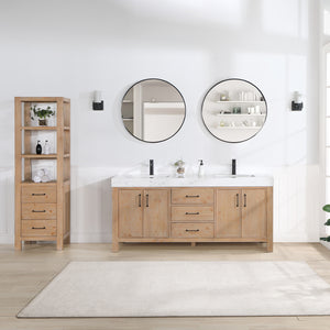 Open image in slideshow, León 72in. Free-standing Double Bathroom Vanity in Fir Wood Brown with Composite top in Lightning White
