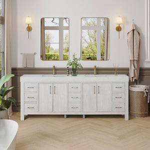 Open image in slideshow, León 84in. Free-standing Double Bathroom Vanity in Washed White with Composite top in Lightning White
