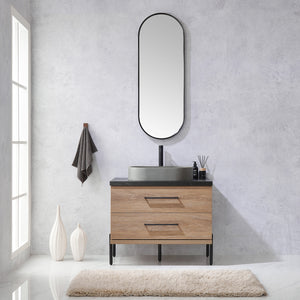 Open image in slideshow, Trento 36&quot; Single Vanity in North American Oak with Black Sintered Stone Top with Oval Concrete Sink
