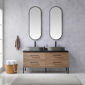 Open image in slideshow, Trento 60&quot; Double Vanity in North American Oak with Black Sintered Stone Top with Oval Concrete Sink

