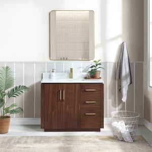 Open image in slideshow, San 42&quot; Free-standing Single Bath Vanity in Natural Walnut with White Grain Composite Stone Top
