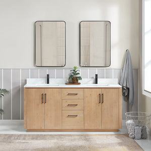 Open image in slideshow, San 72&quot; Free-standing Double Bath Vanity in Fir Wood Brown with White Grain Composite Stone Top
