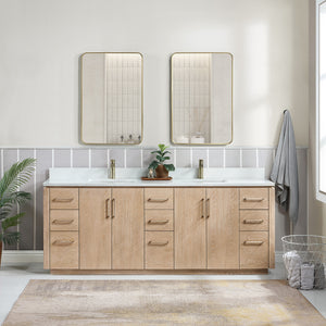 Open image in slideshow, San 84&quot; Free-standing Double Bath Vanity in Washed Ash Grey with White Grain Composite Stone Top
