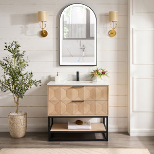Open image in slideshow, Milagro 36B&quot; Free-standing Single Bath Vanity in Washed Ash Grey with Fish Maw White Quartz Stone Top
