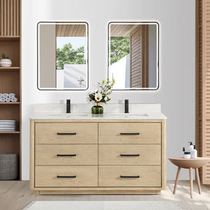 Open image in slideshow, Porto 60M&quot; Free-standing Double Bath Vanity in Aged Natural Oak with Fish Maw White Quartz Stone Top
