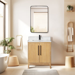 Open image in slideshow, Gara 30&quot; Free-standing Single Bath Vanity in Washed Ash Grey with White Grain Composite Stone Top
