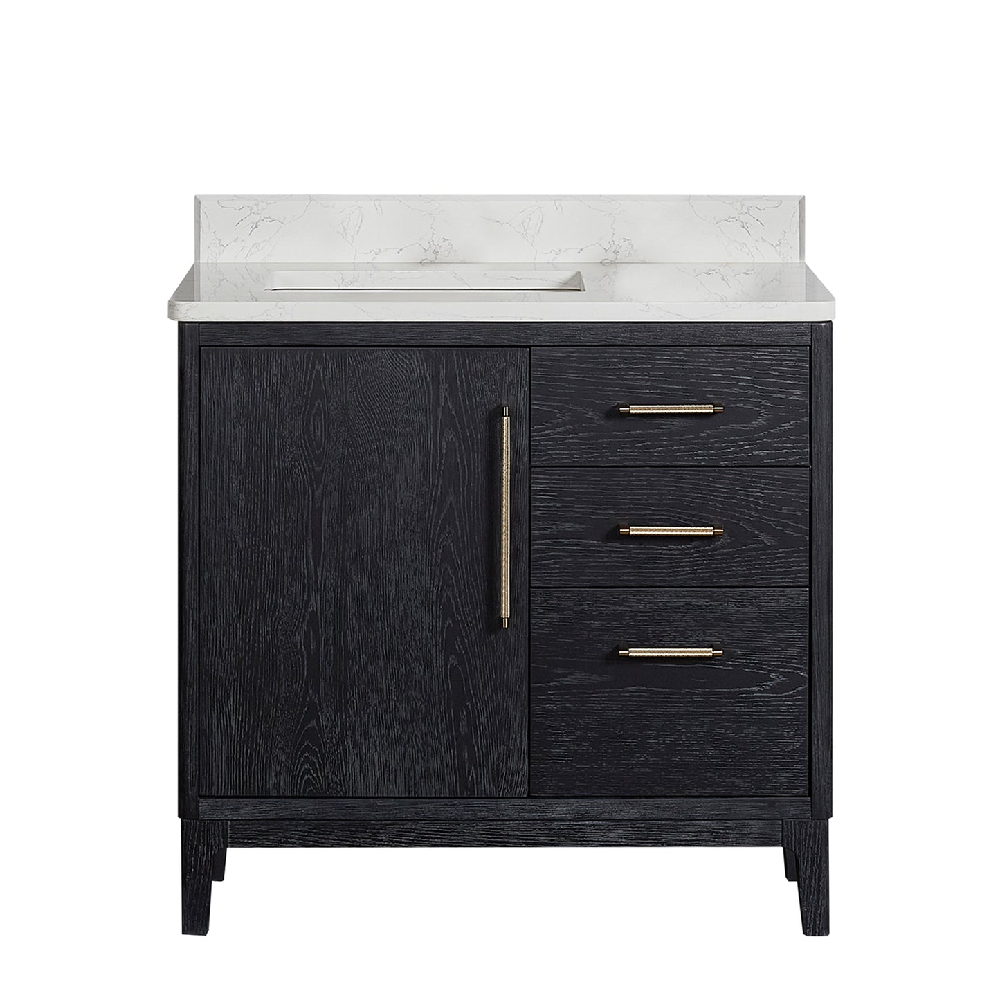 Gara 36" Free-standing Single Bath Vanity in Fir Wood Black with White Grain Composite Stone Top