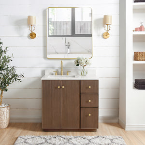 Open image in slideshow, Oza 36&quot; Free-standing Single Bath Vanity in Aged Dark Brown Oak with Fish Maw White Quartz Stone Top

