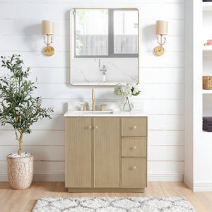 Open image in slideshow, Oza 36&quot; Free-standing Single Bath Vanity in Aged Natural Oak with Fish Maw White Quartz Stone Top
