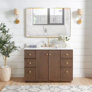 Open image in slideshow, Oza 48&quot; Free-standing Single Bath Vanity in Aged Dark Brown Oak with Fish Maw White Quartz Stone Top
