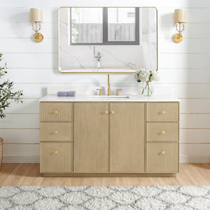 Open image in slideshow, Oza 60&quot; Free-standing Single Bath Vanity in Aged Natural Oak with Fish Maw White Quartz Stone Top
