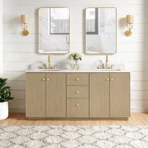 Open image in slideshow, Oza 72&quot; Free-standing Double Bath Vanity in Aged Natural Oak with Fish Maw White Quartz Stone Top
