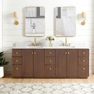 Open image in slideshow, Oza 84&quot; Free-standing Double Bath Vanity in Aged Dark Brown Oak with Fish Maw White Quartz Stone Top

