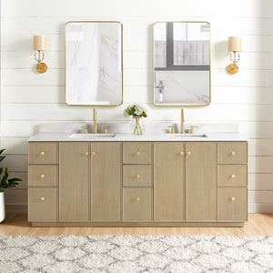 Open image in slideshow, Oza 84&quot; Free-standing Double Bath Vanity in Aged Natural Oak with Fish Maw White Quartz Stone Top
