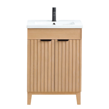 Open image in slideshow, Palos 24" Free-standing Single Bath Vanity in Fir Wood Brown with Drop-In White Ceramic Basin Top