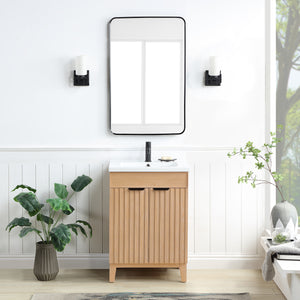 Open image in slideshow, Palos 24" Free-standing Single Bath Vanity in Fir Wood Brown with Drop-In White Ceramic Basin Top