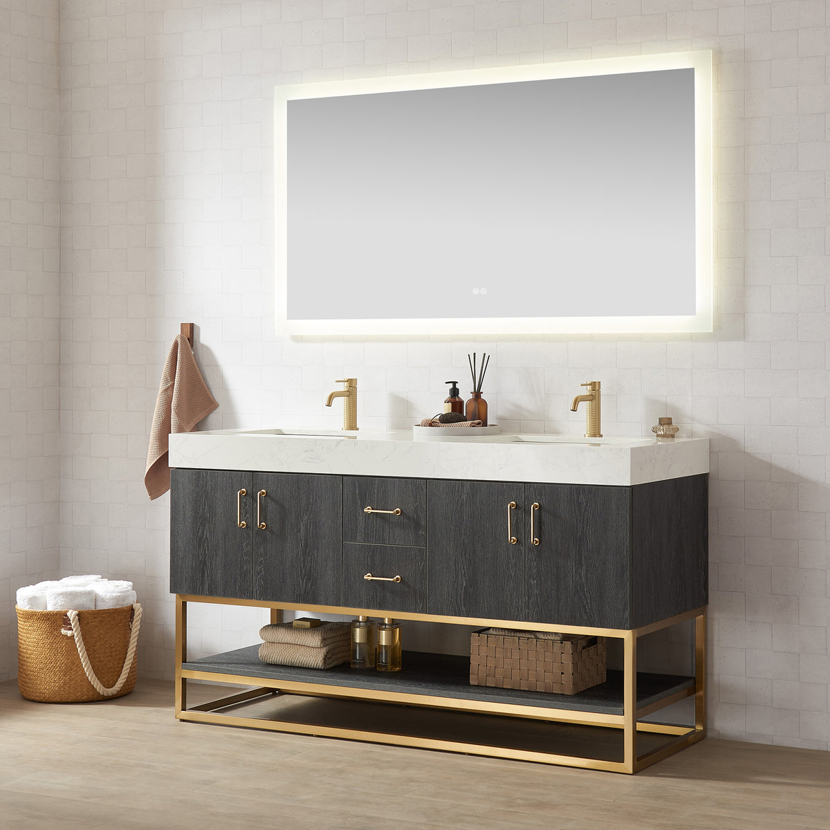 邦楽 Hovlakin vanity 2006 Oberman 60in Black Cherry Dual Sink Bathroom Vanity | Whalen Furniture