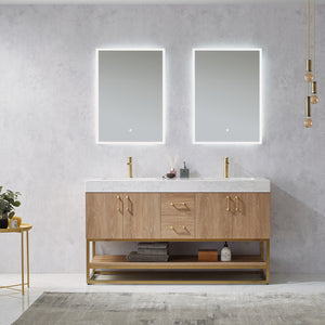 Open image in slideshow, Alistair 60&quot; Double Vanity in North American Oak with White Grain Stone Countertop
