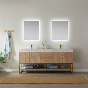 Open image in slideshow, Alistair 72&quot; Double Vanity in North American Oak with White Grain Stone Countertop
