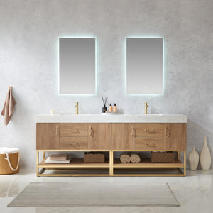 Open image in slideshow, Alistair 84&quot; Double Vanity in North American Oak with White Grain Stone Countertop
