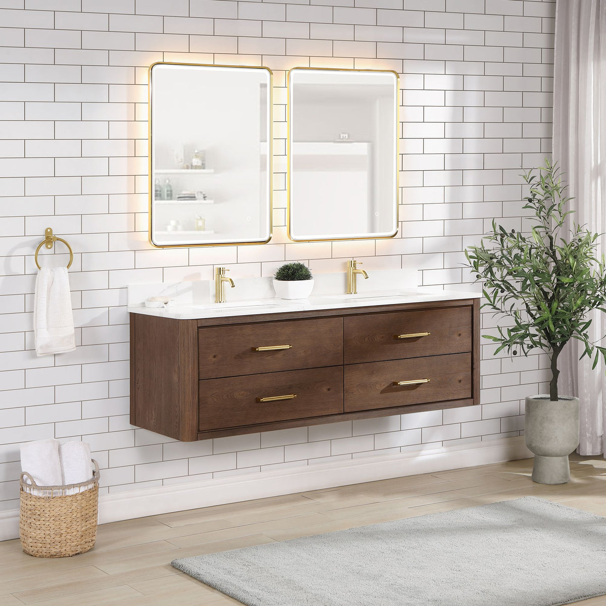 Cristo 60M" Floating Double Bath Vanity in Aged Dark Brown Oak with Fi