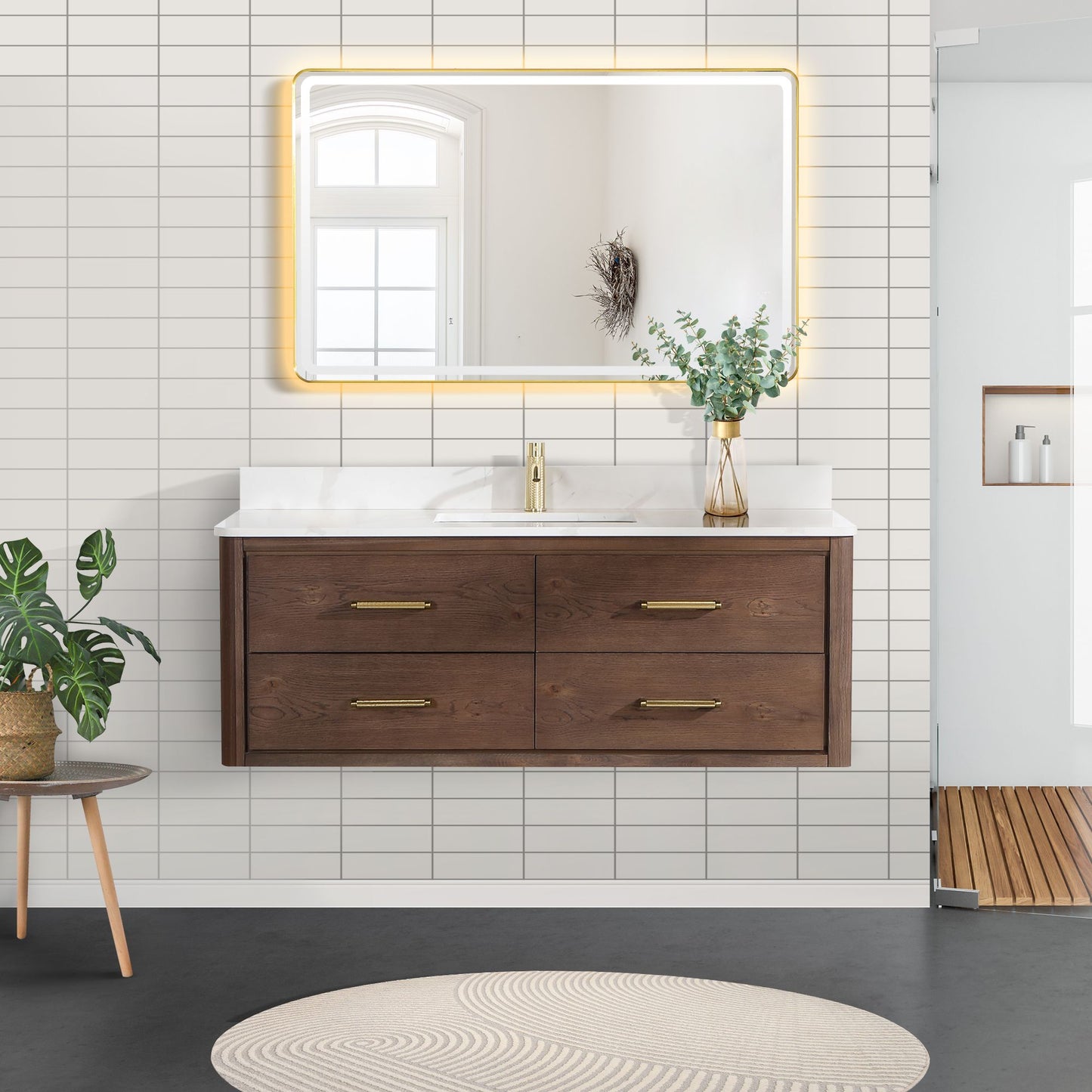 Cristo 55" Floating Single Bath Vanity in Aged Dark Brown Oak with Fish Maw White Quartz Stone Top