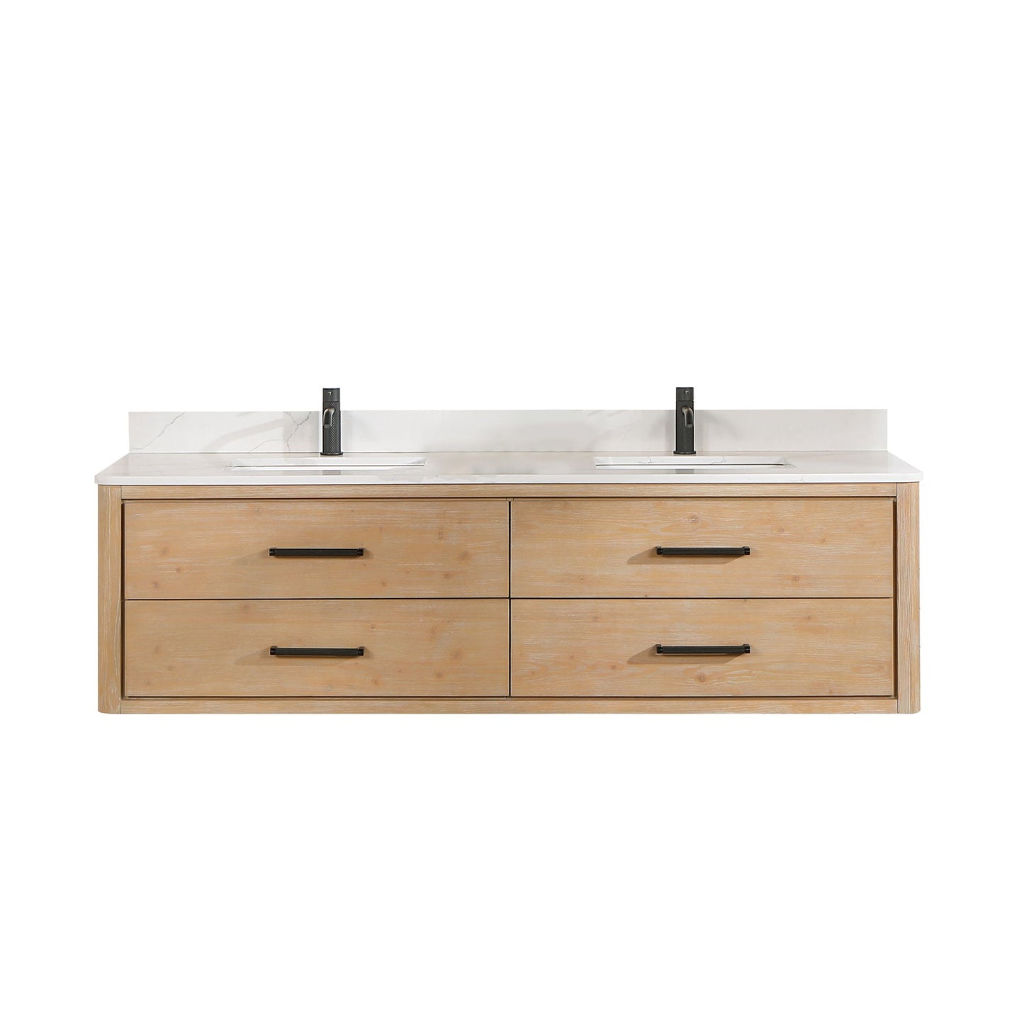 Cristo 72" Floating Double Bath Vanity in Fir Wood Brown with Fish Maw White Quartz Stone Top