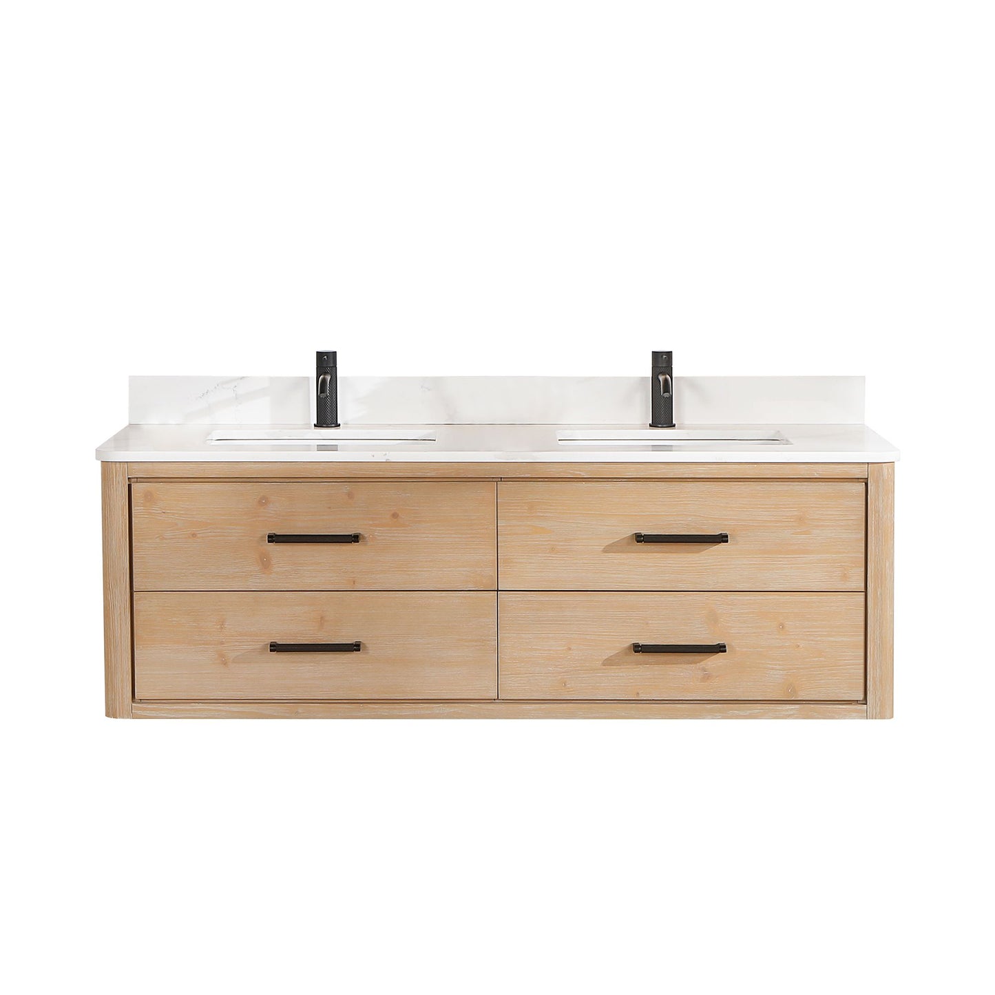 Cristo 60M" Floating Double Bath Vanity in Fir Wood Brown with Fish Maw White Quartz Stone Top