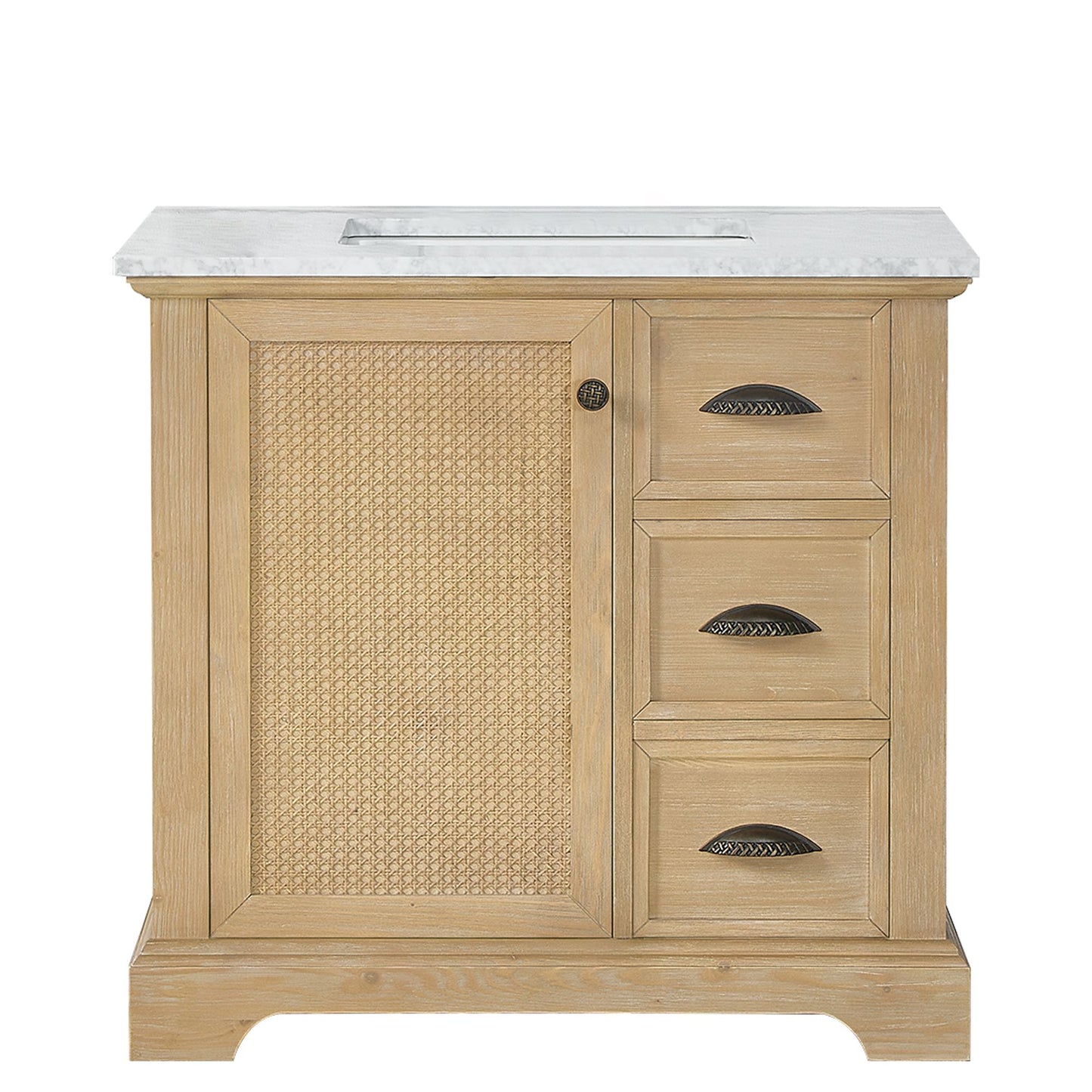 Hervas 36" Free-standing Single Bath Vanity in Fir Wood Brown with White Natural Carrara Marble Top