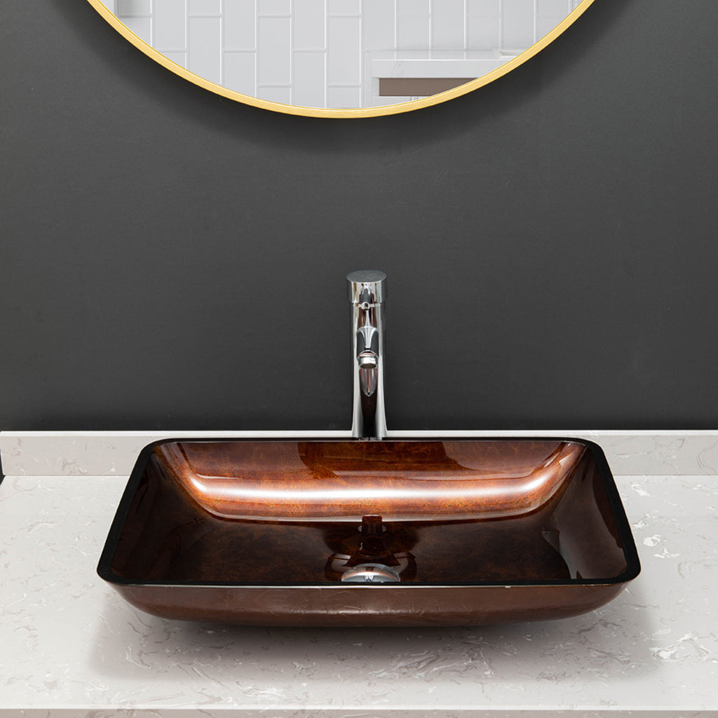 Vinnova Reddish Brown Glass Rectangular Vessel Bathroom Sink without Faucet