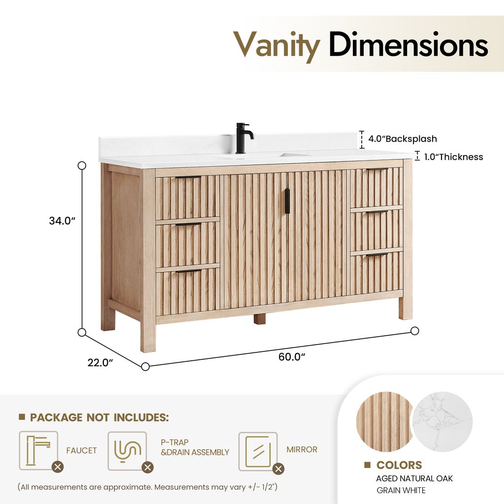 Shenzhen 60" Single Sink Bath Vanity in Aged Natural Oak