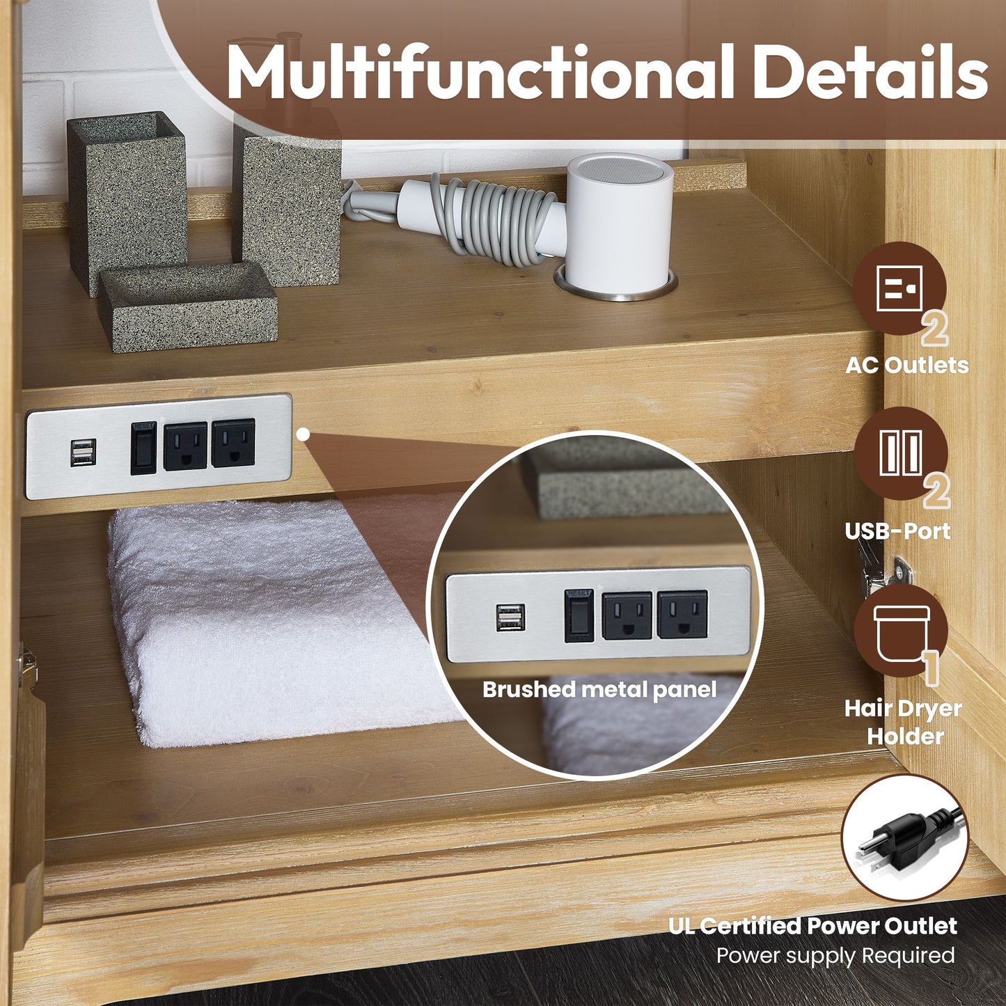 Hervas 60M" Free-standing Double Bath Vanity in Fir Wood Brown with Black Natural Celestite Marble Top