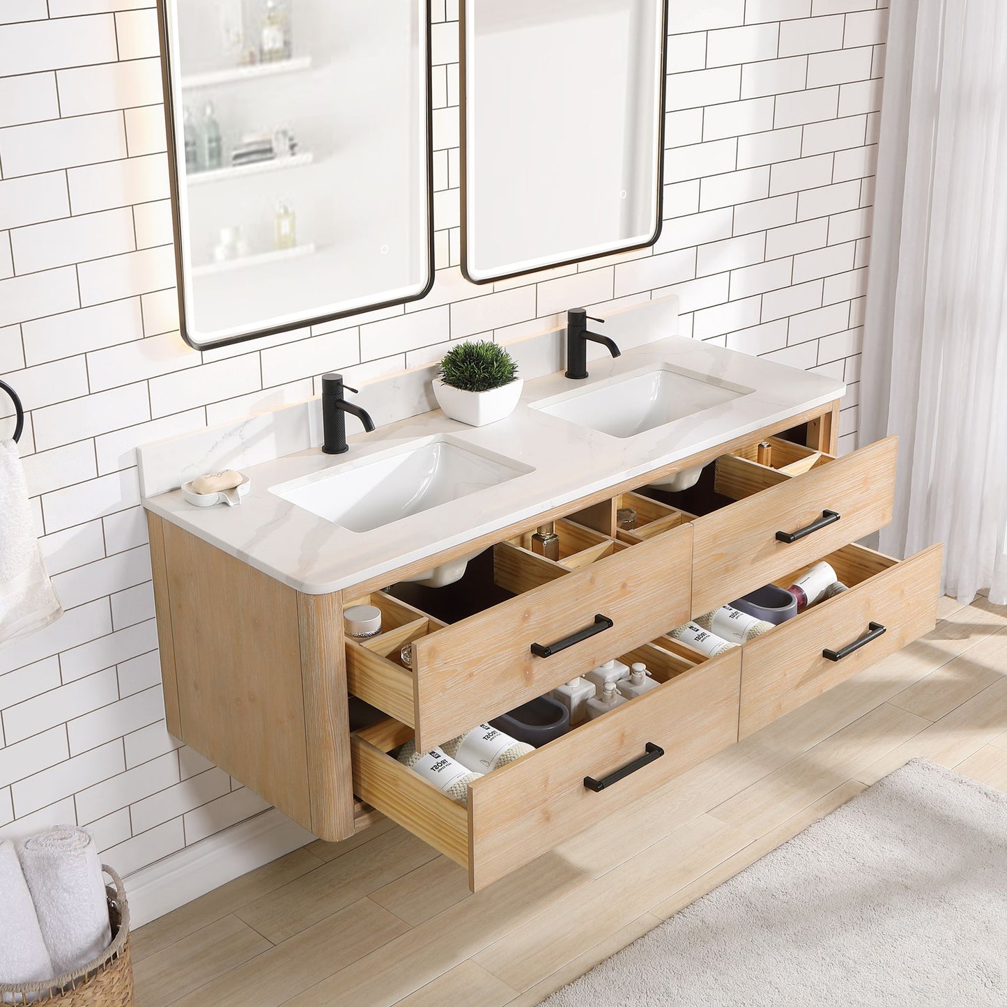 Cristo 60M" Floating Double Bath Vanity in Fir Wood Brown with Fish Maw White Quartz Stone Top