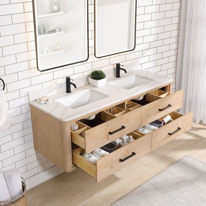 Cristo 60M" Floating Double Bath Vanity in Fir Wood Brown with Fish Maw White Quartz Stone Top