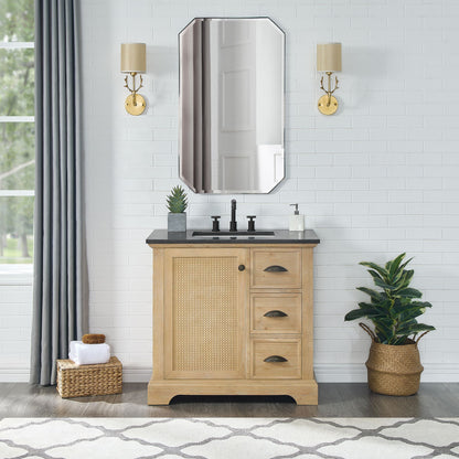 Hervas 36" Free-standing Single Bath Vanity in Fir Wood Brown with Black Natural Celestite Marble Top