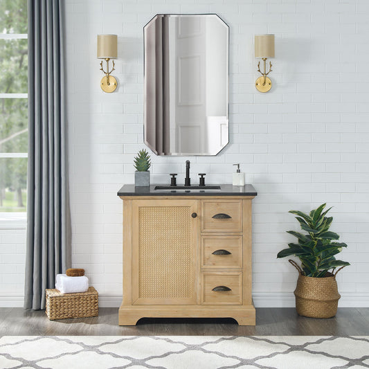 Hervas 36" Free-standing Single Bath Vanity in Fir Wood Brown with Black Natural Celestite Marble Top